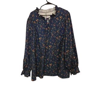 Essentials Navy Blue Floral Ruffle Long Sleeve Tie-Neck Peasant Blouse Size 5XL